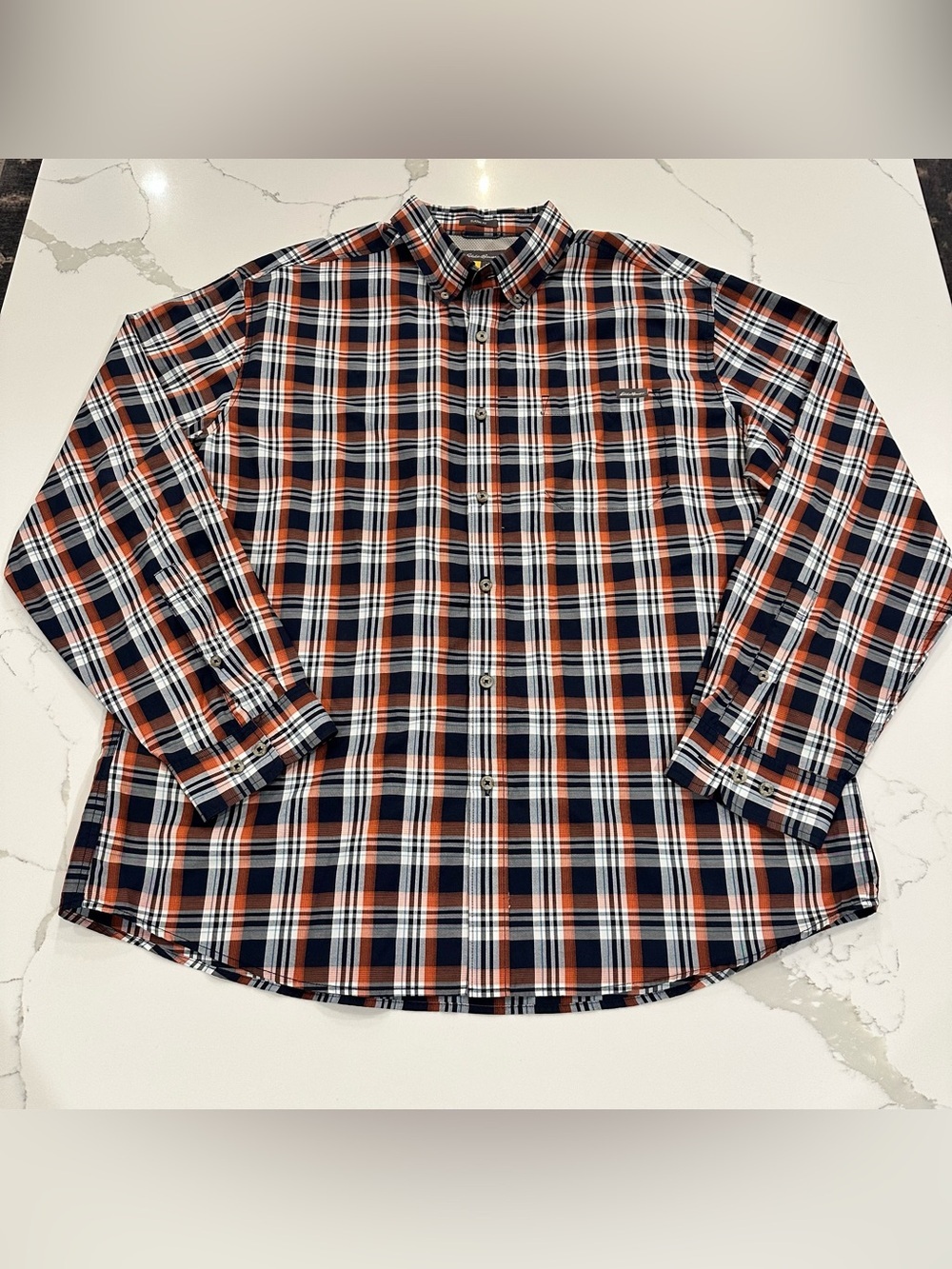 Eddie Bauer Mens Classic Fit Plaid Button Down Shirt Orange Navy Blue XL Cabin